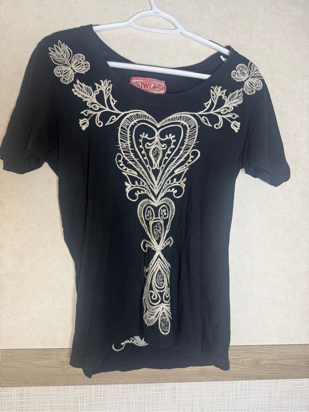 Johnny Was Black Short-Sleeve Tee with Cream Embroidery